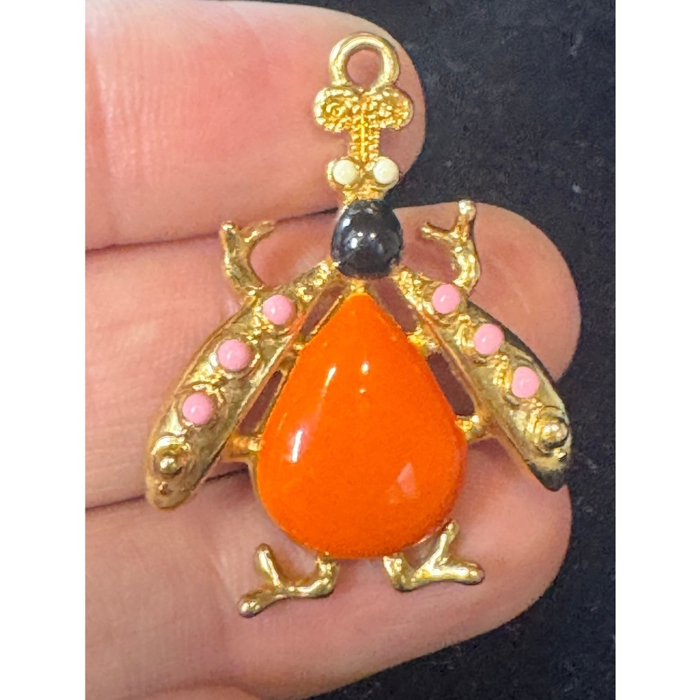 Vintage Gold Tone Orange Enamel Beetle Insect Charm Pendant Pink Accents